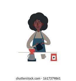 black young woman brewing cup of coffee fresh roasted arabica preparation to coffee championate