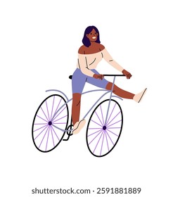 Black young woman cycling, does tricks outdoors in summer. Happy girl cyclist has fun while bike ride. Joyful bicyclist rides on bicycle. Flat isolated vector illustration on white background