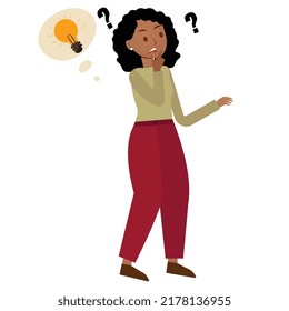 Black young woman problem solving concept, woman thinking, with question mark and light bulb icons. creative idea. Vector illustration of a young woman with bewildered thoughts in her mind. Vector