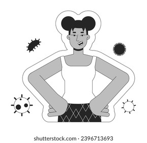 Black young woman protected from getting viruses black and white 2D line cartoon character. African-american happy isolated vector outline person. Immunity health monochromatic flat spot illustration