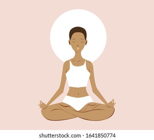 Black young woman, sitting in the lotus pose. Healthy lifestyle and yoga concept. Flat cartoon vector illustration for meditation, recreation. Isolated on light pink background.