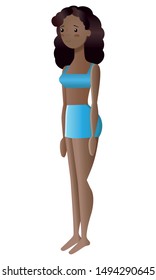 Black young woman in underwear in a half-turn. Full length character