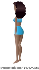 Black young woman in underwear in a half-turn back. Full length character