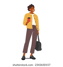 Una Joven Negra Se Viste Con Suéter De Otoño Acogedor, Chaqueta, Pantalones Y Boots, Personajes Femeninos Que Adoptan Tonos Cálidos De Tierra Para Mantenerse Elegante Y Cómodo Durante La Temporada. Ilustración de vectores de personas de caricatura