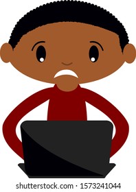 Black Youth Sitting At Laptop Computer Looking Stressed And Worried Needing Tec 404 Support. Clear Backed Vector Graphic Illustration On Clear Background.