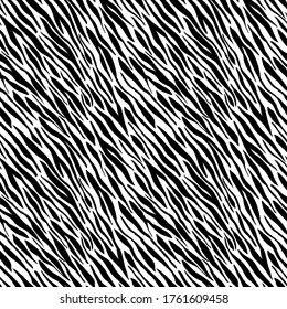 Black zebra print or animal skin, hand drawn seamless pattern. Tiger stripes, line background. Grunge doodle abstract vector pattern. Graphic black brush strokes ink illustration.