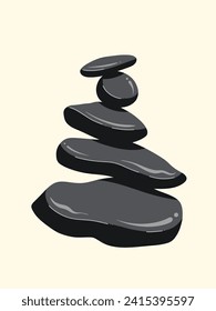 Black zen spa stone stacks vector illustration isolated on vertical light yellow background. Simple flat spa and calming themed cartoon art styled drawing.