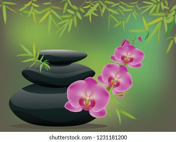 Black zen stones in a pile with orchid flowers.