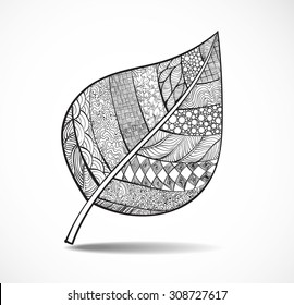 Black zentangle leaf with ornament isolated on white background. Vector illustration.