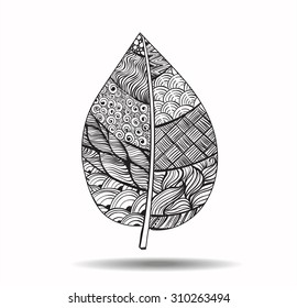 Black zentangle leaf with ornament isolated on white background.