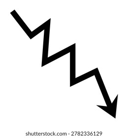 A black zig zag arrow pointing downwards, indicating a downward trend or decline in a financial or statistical context, conveying a sense of decrease or loss.