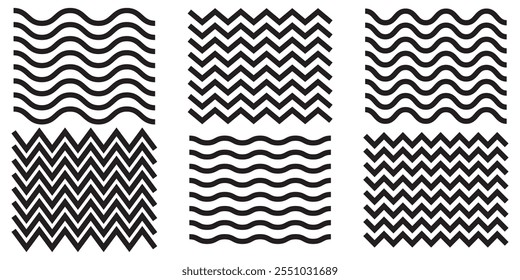 Black zig zag wave line vector set. different types of wave line vector isolated on white background.