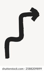 Black zigzag arrow on white background. The arrow is zigzag, pointing upwards. Zigzag arrow design, simple and bold. Arrow in zigzag pattern. Isolated vector element.