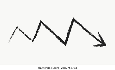 Black zigzag arrow pointing downwards on a white background. The arrow has a rough, sketchy texture. Downward  zigzag, black  sketchy design. Black doodle arrow illustration vector.