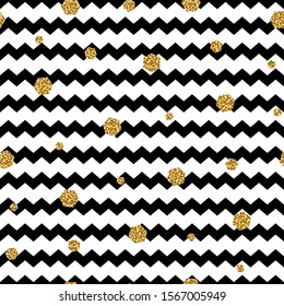 Black zigzag and glitter hexagon seamless pattern on white background. Great for wallpaper, web background, wrapping paper, fabric, packaging, greeting cards, invitations and more.