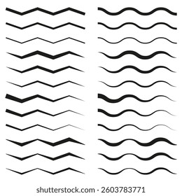 Black zigzag lines. Wavy abstract curves. Minimalist geometric elements. Simple pattern collection.