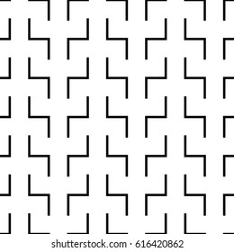 Black zigzag shaped blocks on white background. Repeated figures wallpaper. Seamless surface pattern design with polygons. Mosaic motif. Digital paper for page fills, web designing. Vector art.