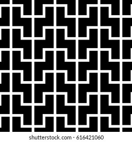 Black zigzag shaped blocks on white background. Repeated figures wallpaper. Seamless surface pattern design with polygons. Mosaic motif. Digital paper for page fills, web designing. Vector art.
