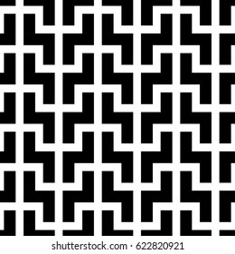 Black zigzag shaped blocks on white background. Repeated figures wallpaper. Seamless surface pattern design with polygons. Mosaic motif. Digital paper for page fills, web designing. Vector art.
