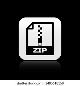Black ZIP file document. Download zip button icon isolated on black background. ZIP file symbol. Silver square button. Vector Illustration