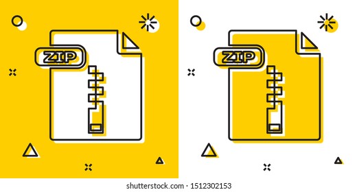 Black ZIP file document. Download zip button icon isolated on yellow and white background. ZIP file symbol. Random dynamic shapes. Vector Illustration
