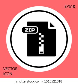 Black ZIP file document. Download zip button icon isolated on red background. ZIP file symbol. White circle button. Vector Illustration