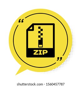 Black ZIP file document. Download zip button icon isolated on white background. ZIP file symbol. Yellow speech bubble symbol. Vector Illustration