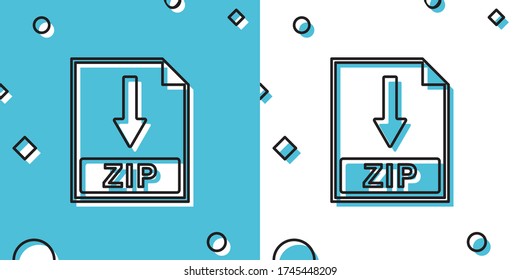 Black ZIP file document icon. Download ZIP button icon isolated on blue and white background. Random dynamic shapes. Vector Illustration