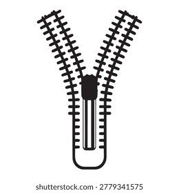 Black zipper illustration with two rows of teeth and slider unzipped simple line style zip fastener icon