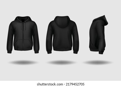 Black zipper jacket template. front, side and back view.