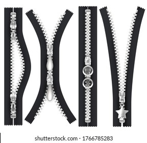 Black zipper with metallic silver teeth and hasp