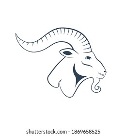 Black zodiac sign Capricorn depicting a goat head with huge horn. Side view. Illustration of an astrology sign. Vector flat design icon of a Mountain goat