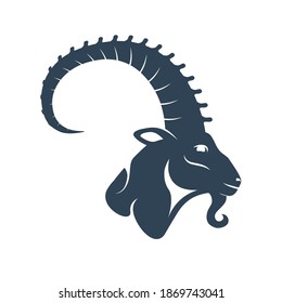 Black zodiac sign Capricorn depicting a goat head with huge horn. Side view. Illustration of an astrology sign. Vector flat design icon of a Mountain goat