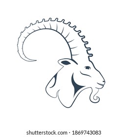 Black zodiac sign Capricorn depicting a goat head with huge horn. Side view. Illustration of an astrology sign. Vector flat design icon of a Mountain goat
