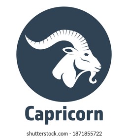 Black zodiac sign Capricorn depicting a goat head with huge horn in a circle. Side view. Illustration of an astrology sign. Vector flat design icon of a Mountain goat