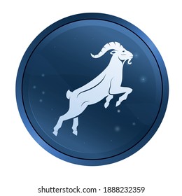 Black zodiac sign Capricorn depicting a goat head with huge horn in a circle. Side view. Illustration of an astrology sign. Vector flat design icon of a Mountain goat