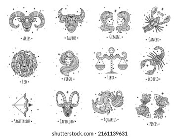 Black zodiac signs. Vector illustration.Line art. Easy to recolor. Zen tangle style