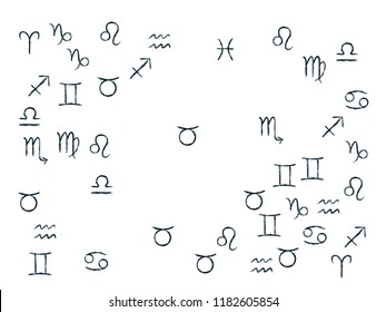 Black zodiac symbols vector scatter of hand painted astrology signs. Aries, Taurus, Gemini, Cancer, Leo, Virgo, Libra, Scorpio, Sagittarius, Capricorn, Aquarius, Pisces icons isolated on white