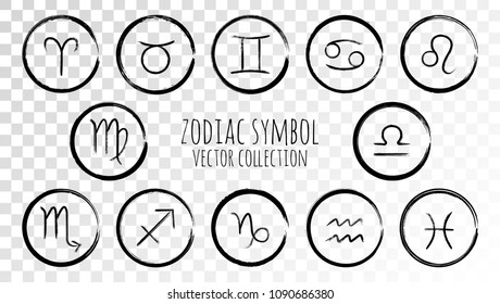 Black zodiac symbols vector set  collection hand painted astrology signs  Aries  Taurus  Gemini  Cancer  Leo  Virgo  Libra  Scorpio  Sagittarius  Capricorn  Aquarius  Pisces icons isolated 