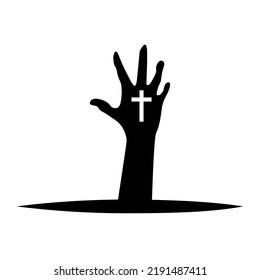 Black zombies hand with christian cross crucifix in hole graveyard Halloween flat icon vector design.