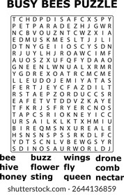 Blackand Busy Bees Word Search Puzzle Game Letters Honeycomb Hive Queen Drone Wings Flower Fly Nectar Sting Buzz