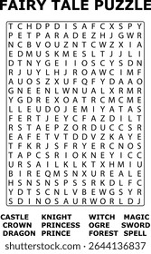 Blackand Fairy Tale Word Search Puzzle Letters Grid Knight Princess Dragon Castle Crown