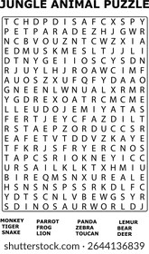 Blackand Jungle Animal Word Search Puzzle Game Letters Grid Animals Monkey Tiger Snake Parrot Frog Lion Panda