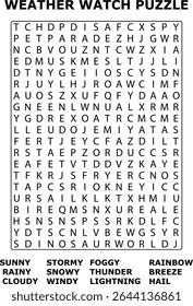 Blackand Weather Word Search Puzzle Game Atividade Planilha Cartas Grid Sunny Chuvoso Nublado Tempestade Nevado Vento Nevado
