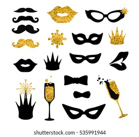 Black-and-gold moustaches, lips, masks,... Glitter Photo Booth Props, isolated on white. Decorative elements for Merry Christmas or New Year's Eve Party. Hand drawn vector illustration.