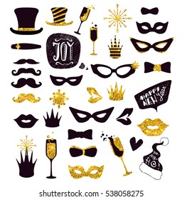 Black-and-gold moustaches, lips, masks,... Glitter Photo Booth Props, isolated on white. Decorative elements for Merry Christmas or New Year's Eve Party. Hand drawn vector illustration.