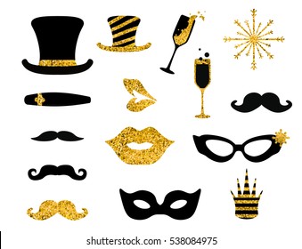 Black-and-gold moustaches, lips, masks,... Glitter Photo Booth Props, isolated on white. Decorative elements for Merry Christmas or New Year's Eve Party. Hand drawn vector illustration.