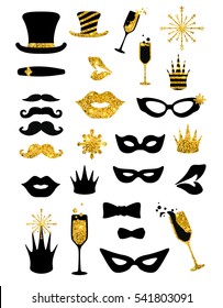 Black-and-gold moustaches, lips, masks,... Glitter Photo Booth Props, isolated on white. Decorative elements for Merry Christmas or New Year's Eve Party. Hand drawn vector illustration.