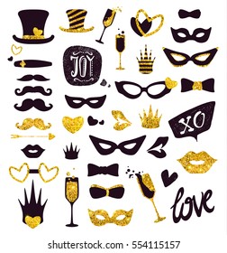 Black-and-gold moustaches, lips, masks,.. Glitter Photo Booth Props, isolated on background. Decorative elements for Valentines Day Party. Vector illustration, Love photo booth and scrapbooking set.