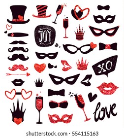 Black-and-gold moustaches, lips, masks,.. Glitter Photo Booth Props, isolated on background. Decorative elements for Valentines Day Party. Vector illustration, Love photo booth and scrapbooking set.